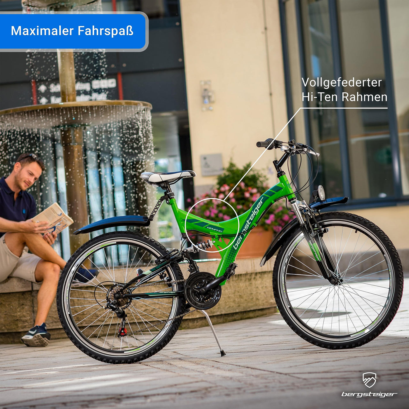 Bergsteiger Memphis 26 Zoll Mountainbike, geeignet ab 150 cm, Dynamo-Licht, StVZO, 21 Gang-Schaltung, Vollfederung, Jungen-Fahrrad & Herren-Fahrrad