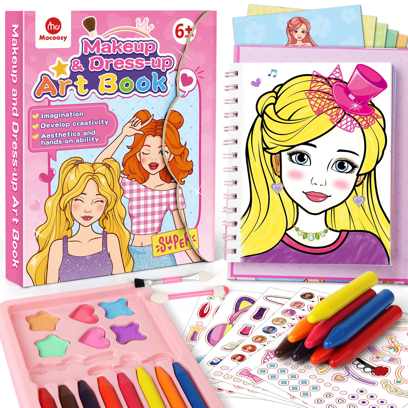 Mocoosy Make-up-Bastelset für Mädchen Alter 4–8 Jahren, Make-up Ausmalen Aktivitätsbuch mit Aufklebern,Papier-Anzieh und Schminke Spiel Spielzeug Geschenke für 4 5 6 7 jährige Mädchen Kunst Handwerk