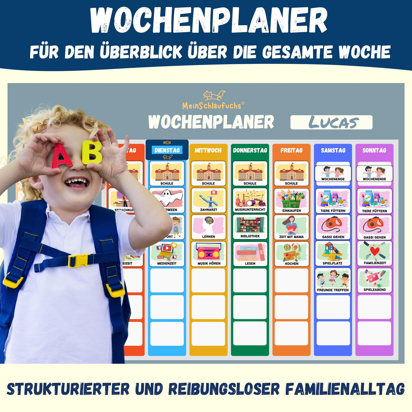 MeinSchlaufuchs® Wochenplaner Kinder - Montessori Magnettafel inkl. 250 Magnete, Aufbewahrungsbox, Kordel & Stift - beschreib- & abwischbar - Routine Planer Kinder - Kalender Kinder