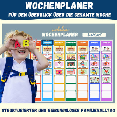 MeinSchlaufuchs® Wochenplaner Kinder - Montessori Magnettafel inkl. 250 Magnete, Aufbewahrungsbox, Kordel & Stift - beschreib- & abwischbar - Routine Planer Kinder - Kalender Kinder