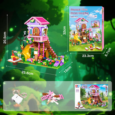 Charmofun Baumhaus Bausteine Set mit LED Licht, 685 Teile Klemmbausteine Haus, Technik Baumhaus mit Rutsche, Haus Bauspielzeug Geschenke für Kinder Mädchen Jungen ab 8 9 10 11 12+ Jahre