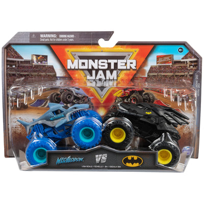Monster Jam - Original Zweier-Pack mit dem Batmobil vs. Megalodon - authentischen Monster Trucks im Maßstab 1:64