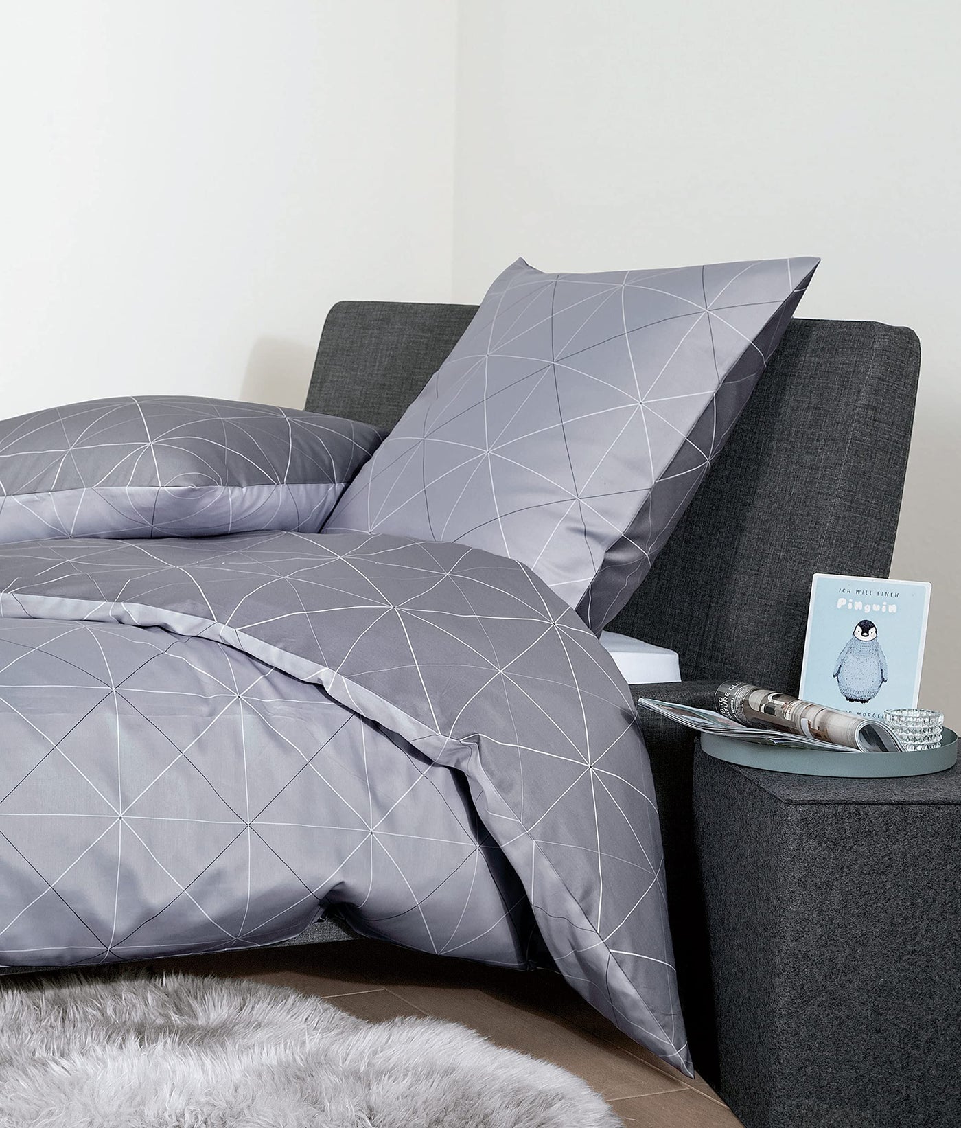Palermo Janine Mako Satin Bettwäsche-Set 2tlg Silber grau 2 teilig Wende 135x200cm & Kissen 80x80cm Geometrisches Muster