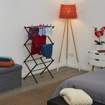 Relaxdays Wäscheständer klappbar, 11 Stangen auf 6 Ebenen, HBT: 105x73x37 cm, ausziehbarer Wäscheturm, Metall, schwarz