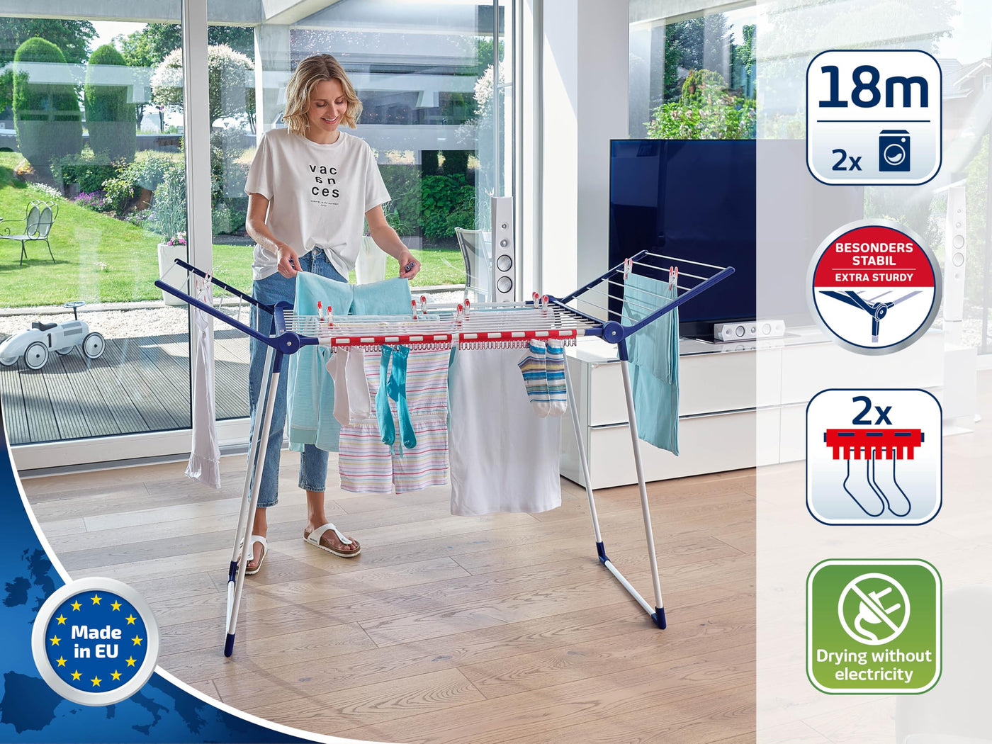 Leifheit Standtrockner Pegasus 180 Solid, Wäscheständer mit Flügeln für lange Kleidungsstücke, standfester Flügelwäschetrockner für drinnen und draußen