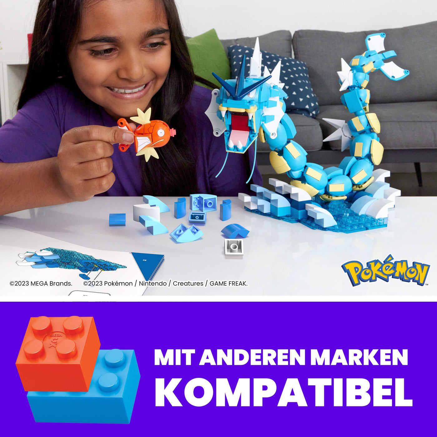 MEGA POKÉMON Karpador Evolutionsset - 411-teiliges Bauset mit Garados und Wasserlandschaft für dynamische Ausstellmöglichkeiten, 12 Verbindungspunkte, für Kinder ab 8 Jahren, HNT95