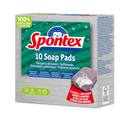Spontex Seifenpads 10er Pack, kratzfreie Reinigungspads aus Stahlwolle mit 30% Seifenanteil, mit Zitronenduft, 1 x 10 Stück