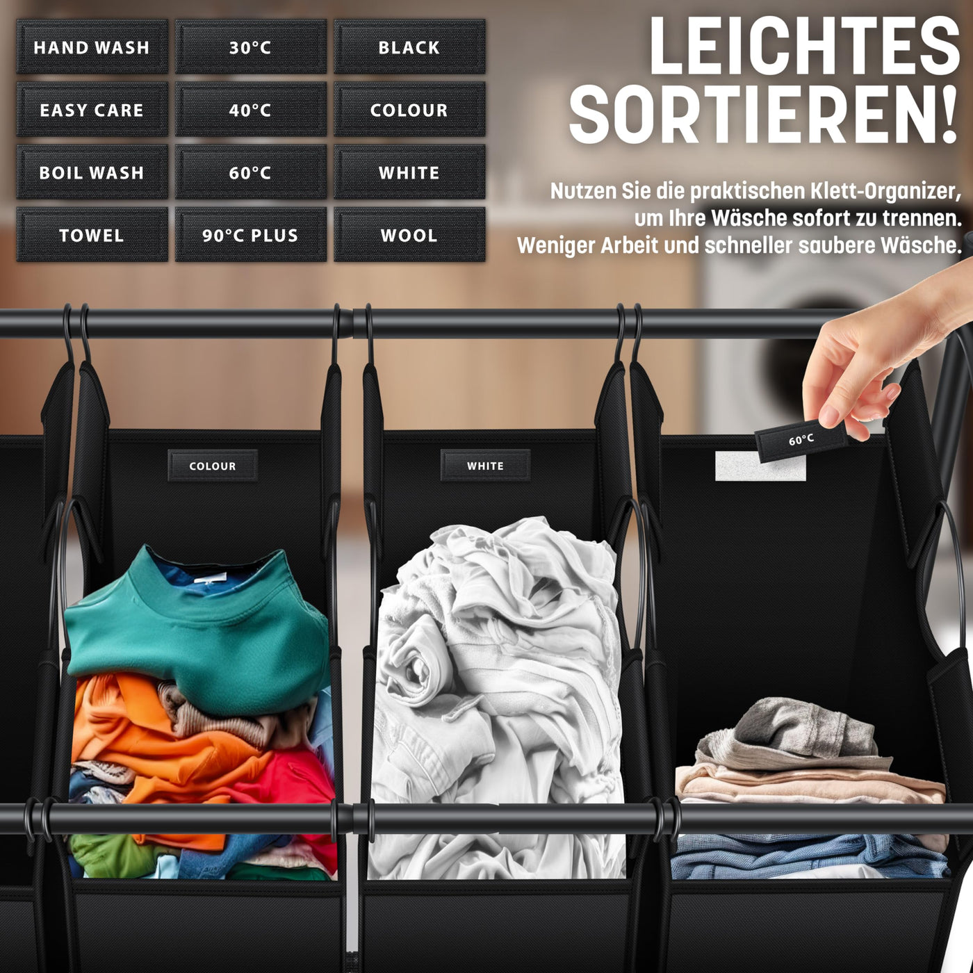 KESSER® Wäschekorb Wäschesammler Wäschesortierer mit 4 abnehmbaren Stofftaschen | 4 Fächer x 35 Liter | Wäschebox mit 12 Waschhinweisen 360° Rollen mit Bremse Wäsche-Sortiersystem Wäschewagen Schwarz