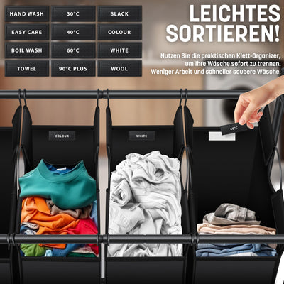 KESSER® Wäschekorb Wäschesammler Wäschesortierer mit 4 abnehmbaren Stofftaschen | 4 Fächer x 35 Liter | Wäschebox mit 12 Waschhinweisen 360° Rollen mit Bremse Wäsche-Sortiersystem Wäschewagen Schwarz