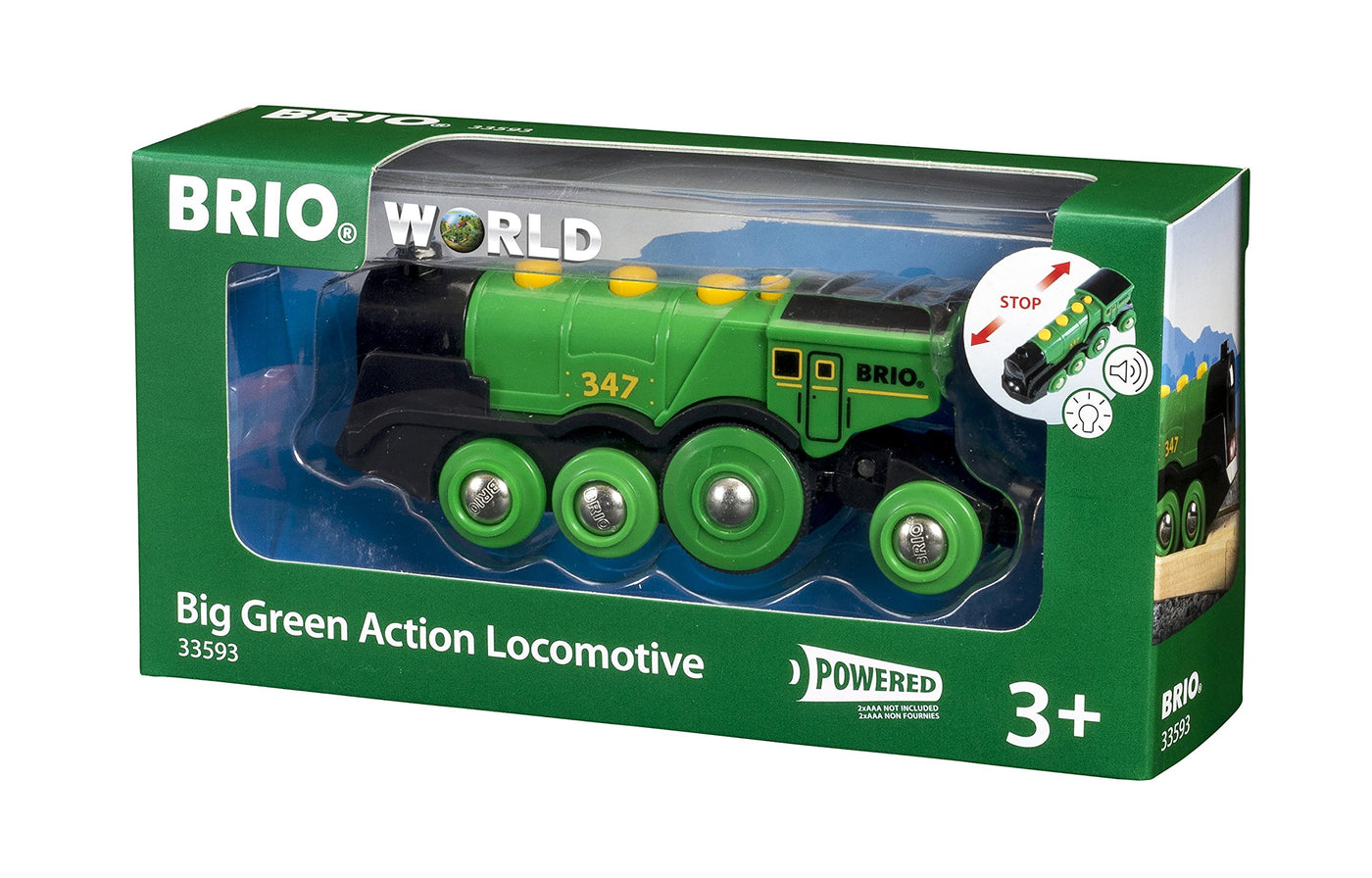 BRIO World 33593 Grüner Gustav elektrische Lok - Batterie-Lokomotive mit Licht & Sound - Kleinkinderspielzeug empfohlen ab 3 Jahren