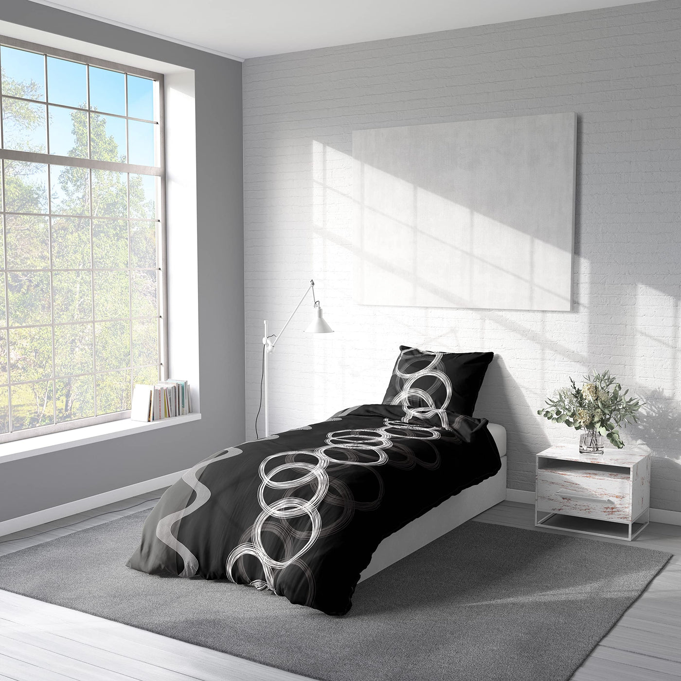 Leonado Vicenti Bettwäsche 135 x 200 cm 80 x 80 cm Mikrofaser 4 TLG Schwarz Weiß Grau Kreise Knitterfrei Pflegeleicht Unisex