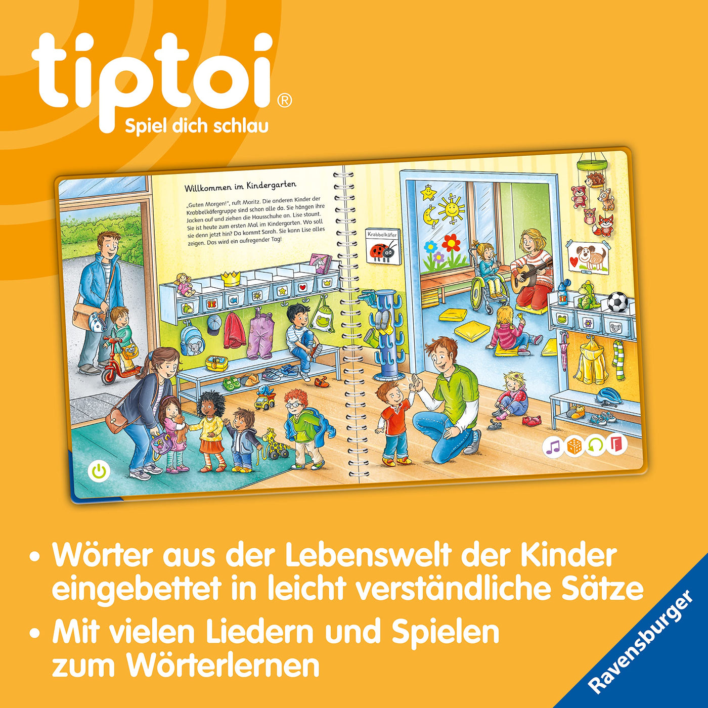 Ravensburger tiptoi Stift und Wörter-Bilderbuch Kindergarten - Lernspielzeug für Kinder ab 3 Jahren - Stylus mit überragender Audioqualität, Akku und Soft-Grip-Hülle - Grün, Orange, Silber - 00113