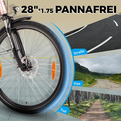 SAXXX E Bike Damen 28 Zoll Tiefeinsteiger mit 36V 13Ah Akku, Elektro Fahrrad Erwachsene mit Scheibenbremse, 7 Gang Kettenschaltung Pedelec mit Federgabel, Ebikes mit Gepäckträger für Damen/Frauen