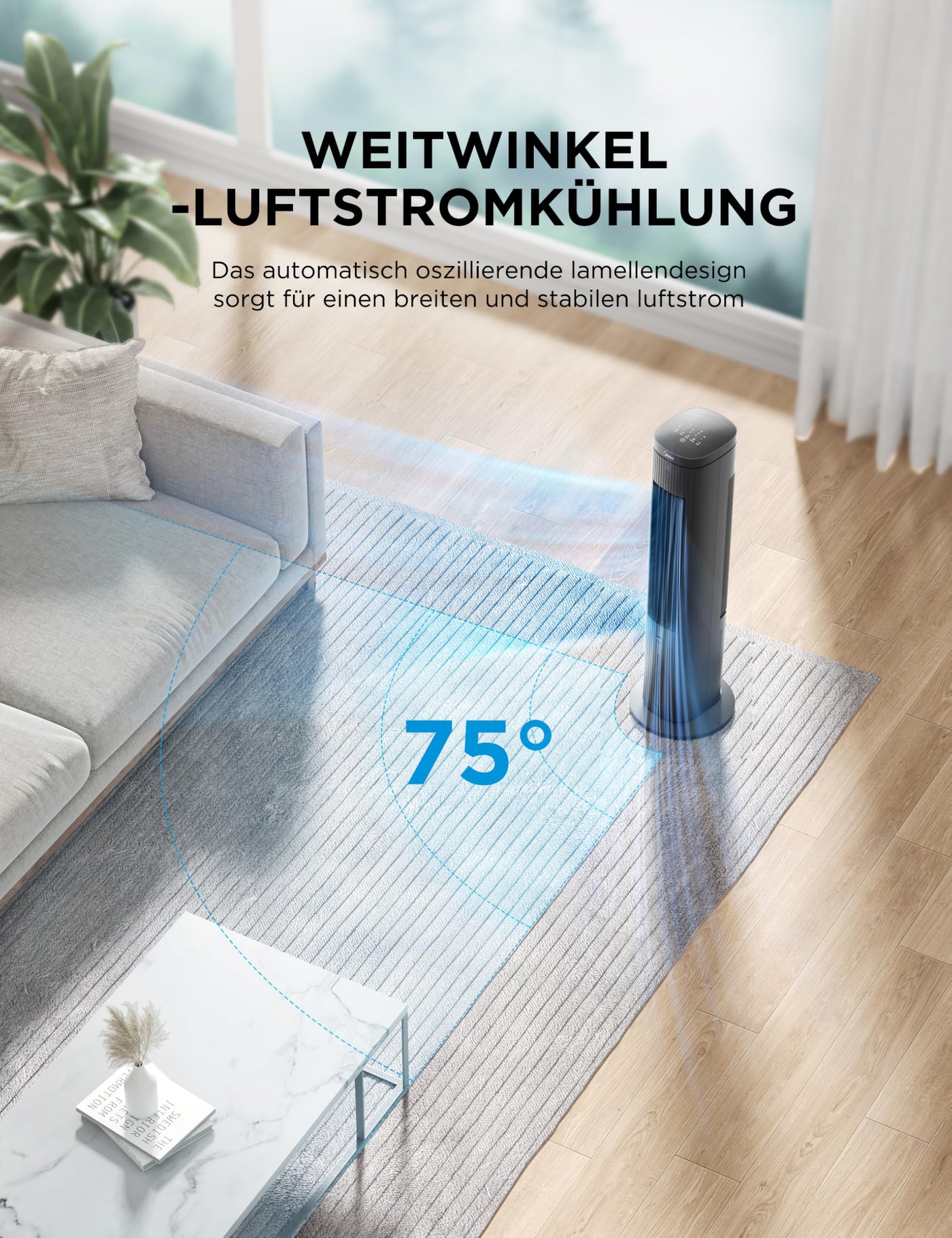 Midea Turmventilator mit 5L Wasserkühlung | Luftkühler mobil | Mobile Klimaanlage ohne Abluftschlauch | Verdunstungskühler, 3 Geschwindigkeitsstufen,75° Schwenkfunktion, 7h Timer, Leiser