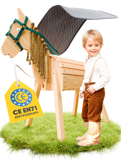 FRIEDO - Holzpferd mit Sattel (Sitzkissen) & Pferdegeschirr - Höhenverstellbares Spielpferd (101cm - 106cm) - Holzpferd für draußen im Garten geeignet - Perfekt für Kinder aus unbehandeltem Naturholz