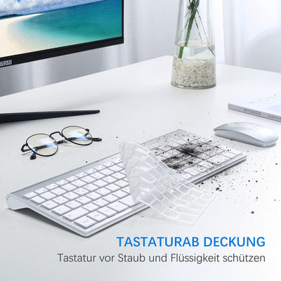 Tastatur Maus Set Ultra Slim, TopMate 2,4G Stille Compact USB 2400DPI Maus und Schissschalter Tastatur mit Abdeckung mit 2 AA & 2 AAA Batterien für PC/Laptop/Windows/Mac - Silber Weiss