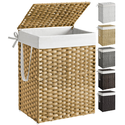 SONGMICS Wäschekorb 90 Liter, handgeflochten, Wäschesammler aus synthetischem Rattan, mit Deckel und Griffen, faltbar, Wäschesack herausnehmbar, naturfarben LCB51NL