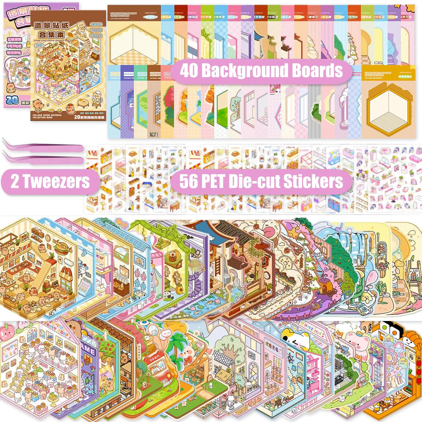 40 Stück 3D House Stickers Scene Set, Stickerbuch Wiederverwendbar, Sticker Therapy, DIY-Aufkleber für Basteln, with 56 PET Sticker, 40 Mminiatur Haus, 2 Pinzette, Relief Stress für Erwachsene Kinder