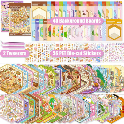40 Stück 3D House Stickers Scene Set, Stickerbuch Wiederverwendbar, Sticker Therapy, DIY-Aufkleber für Basteln, with 56 PET Sticker, 40 Mminiatur Haus, 2 Pinzette, Relief Stress für Erwachsene Kinder