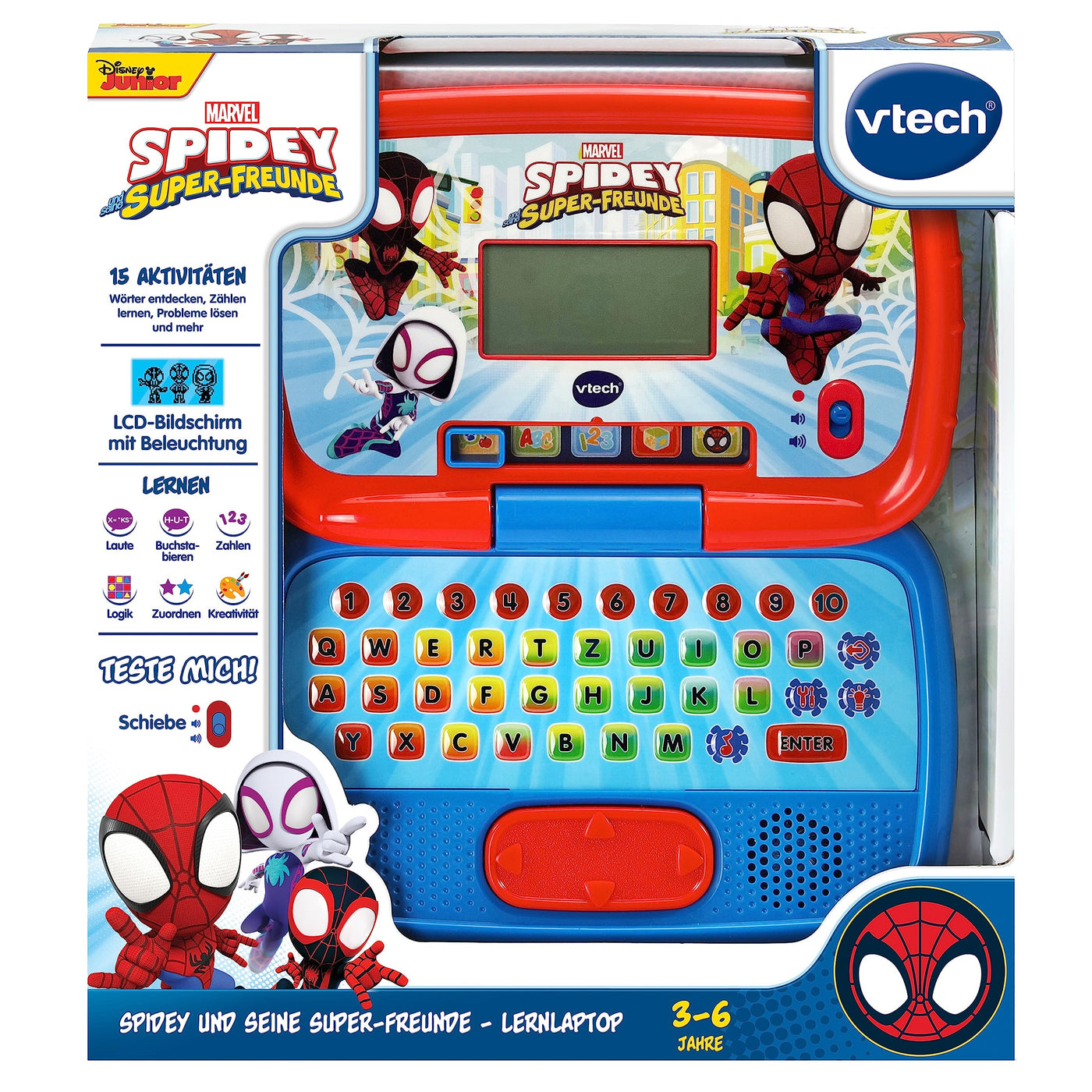 VTech Spidey und seine Super-Freunde - Lernlaptop – Lerncomputer mit QWERTZ-Tastatur und Inhalten zu Buchstaben, Buchstabenlauten, einfacher Addition und Subtraktion u. v. m. Für Kinder von 3-6 Jahren