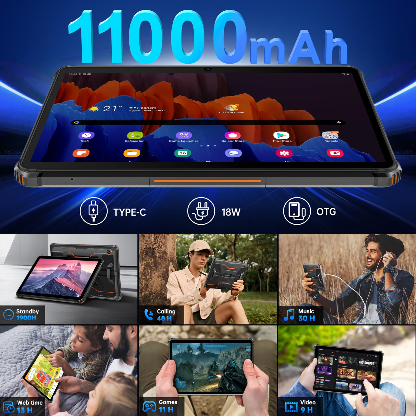 OUKITEL RT9 Outdoor Tablet - 24GB(6+18GB) RAM+256GB ROM(1TB TF) 11000mAh Akku, Android 14 Rugged Tablet PC 10.1 Zoll Octa Core Wasserdicht Tablet, Dual SIM 4G LTE/5G WiFi/Face ID/OTG/GPS - Orange
