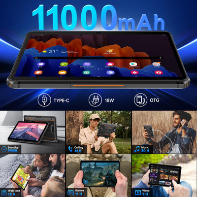 OUKITEL RT9 Outdoor Tablet - 24GB(6+18GB) RAM+256GB ROM(1TB TF) 11000mAh Akku, Android 14 Rugged Tablet PC 10.1 Zoll Octa Core Wasserdicht Tablet, Dual SIM 4G LTE/5G WiFi/Face ID/OTG/GPS - Orange