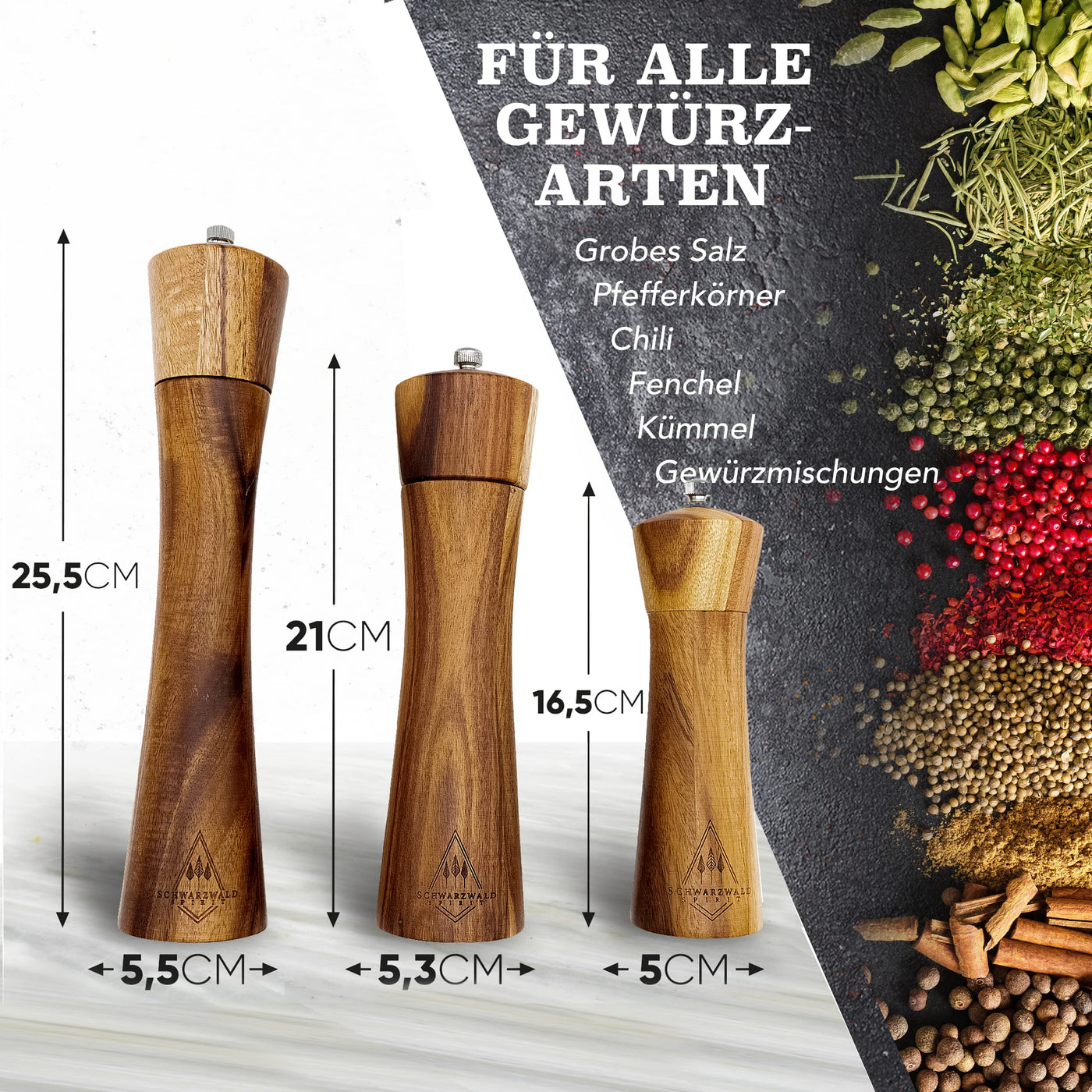 Schwarzwald Spirit Salz und Pfeffermühle Holz Klein (16,5 cm) - 2er Set mit Pfeffer und Salzmühle - Gewürzmühle mit Keramikmahlwerk inkl. Reinigungspinsel, Rezeptbuch - Küchenhelfer Geschenkidee