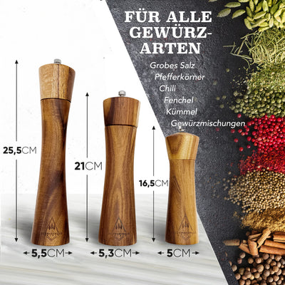 Schwarzwald Spirit Salz und Pfeffermühle Holz Klein (16,5 cm) - 2er Set mit Pfeffer und Salzmühle - Gewürzmühle mit Keramikmahlwerk inkl. Reinigungspinsel, Rezeptbuch - Küchenhelfer Geschenkidee