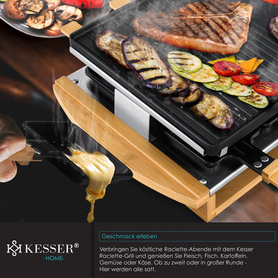KESSER® Raclette-Grill mit Naturgrillstein, Grillplatte Tischgrill für 8 Personen, Elektrogrill Raclette Grill antihaftbeschichteter Grillplatte, 8 Pfannen und Holzspatel 1200W