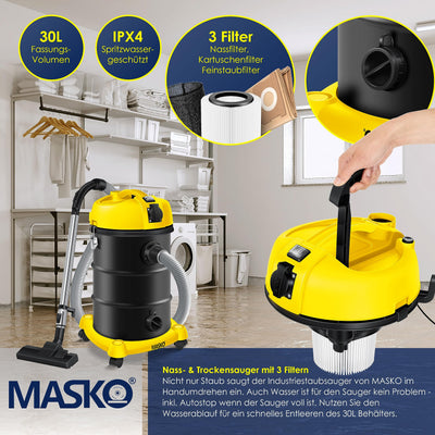 MASKO® 6IN1 Industriestaubsauger Staubsauger Nass Trocken Sauge Aschesauger 2300W + Steckdose✓ Blasfunktion ✓ Trocken-Saugen & Nass-Saugen | Industrie-Sauger mit & ohne Beutel | beutellos, Gelb