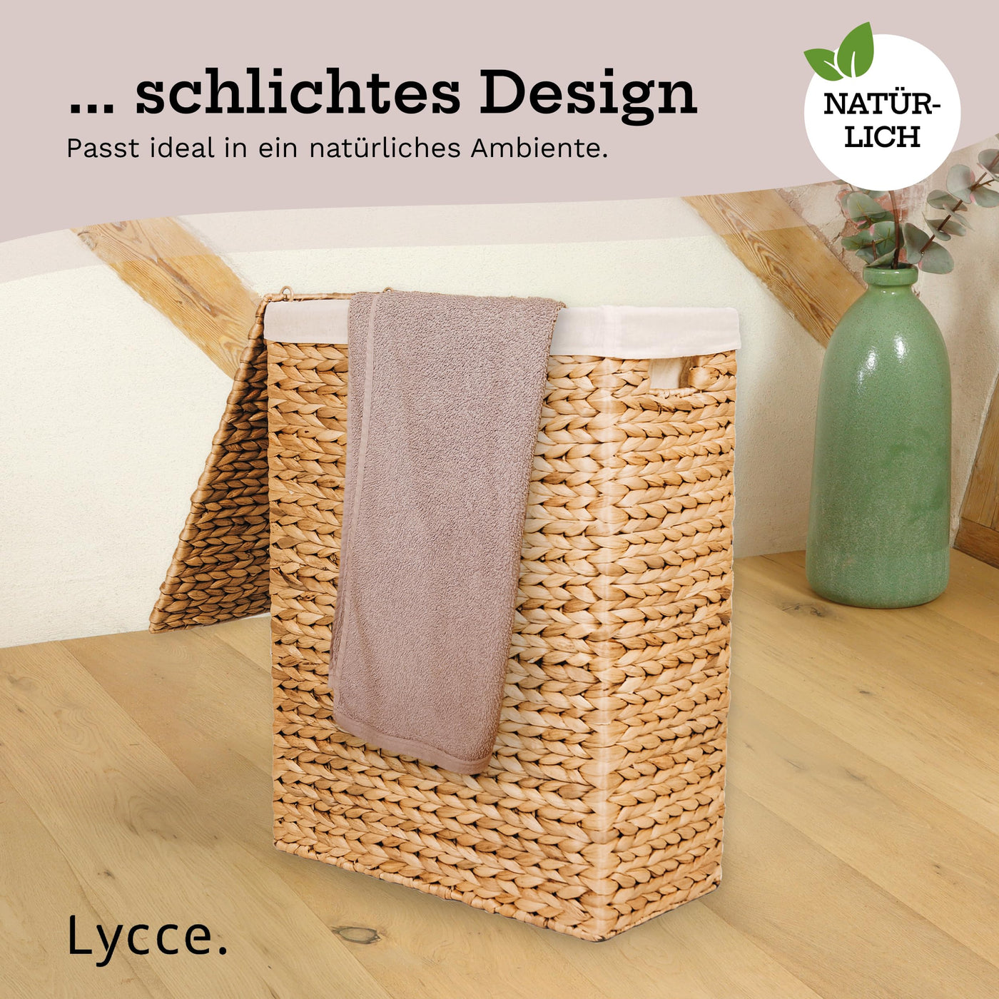 Lycce Wäschekorb mit Deckel 58 l Nischenwäschekorb Wasserhyazinthe Wäschekorb schmal für wenig Platz - großer Stauraum natur (Gr. 2)