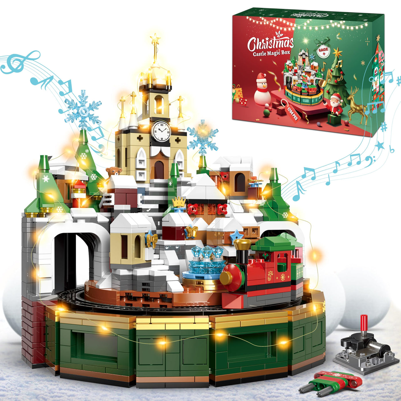 Charmofun Weihnachtsschloss Bausatz, Weihnachten Bauspielzeug Rotierbar mit Licht und Musik, Weihnachtsdorf Achterbahn Bausteine mit Weihnachtsbaum Zug für Erwachsene Kinder Jahren 8+
