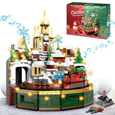Charmofun Weihnachtsschloss Bausatz, Weihnachten Bauspielzeug Rotierbar mit Licht und Musik, Weihnachtsdorf Achterbahn Bausteine mit Weihnachtsbaum Zug für Erwachsene Kinder Jahren 8+