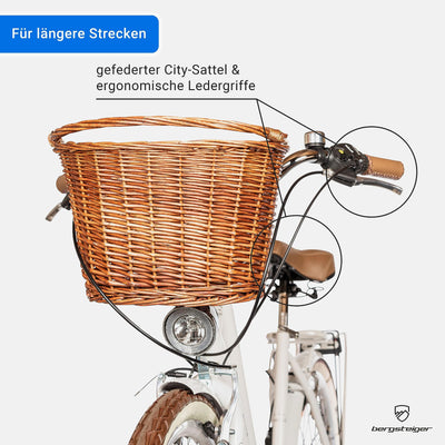 Bergsteiger Marseille 28 Zoll Damenfahrrad, ab 150 cm, Korb aus Rattan, Fahrrad-Licht, Damen-Citybike, Damenrad im Retro-Design«, 6 Gang Shimano Tourney Schaltung, Kettenschaltung