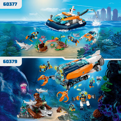 LEGO 60377 City Meeresforscher-Boot Spielzeug, Set enthält EIN Korallenriff, EIN U-Boot, 3 Minifiguren und Mantarochen, Haie, Krabben und 2 Schildkröten, Meerestiere Figuren für Kinder ab 5 Jahren