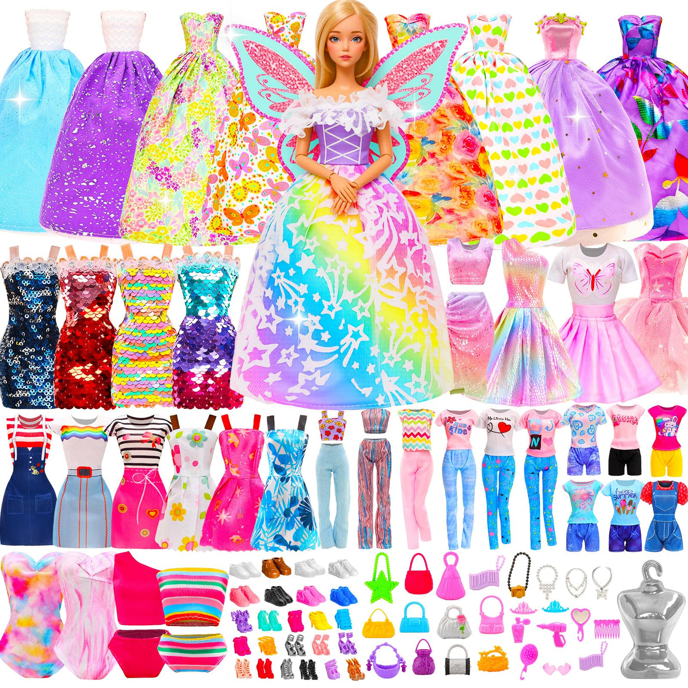 Miunana 110+ Kleidung für Puppen Puppenkleidung Fashion Kleider Tops Bluse Hosen Abendkleider Badenanzüge Minikleider Schuhe Kleiderbügel Handtasche Flügel Zubehör für 11,5 Zoll Mädchen Puppen