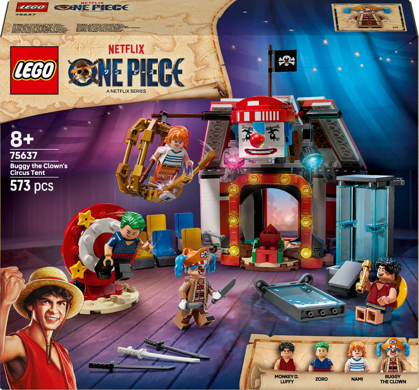 LEGO ONE Piece Zirkuszelt von Buggy dem Clown - Interaktives Spielzeug mit 4 Minifiguren - Ruffy, Nami & Zoro sowie 2 Steckbriefen - Kreatives Geschenk für Jungen, Mädchen & Fans ab 8 Jahren - 75637