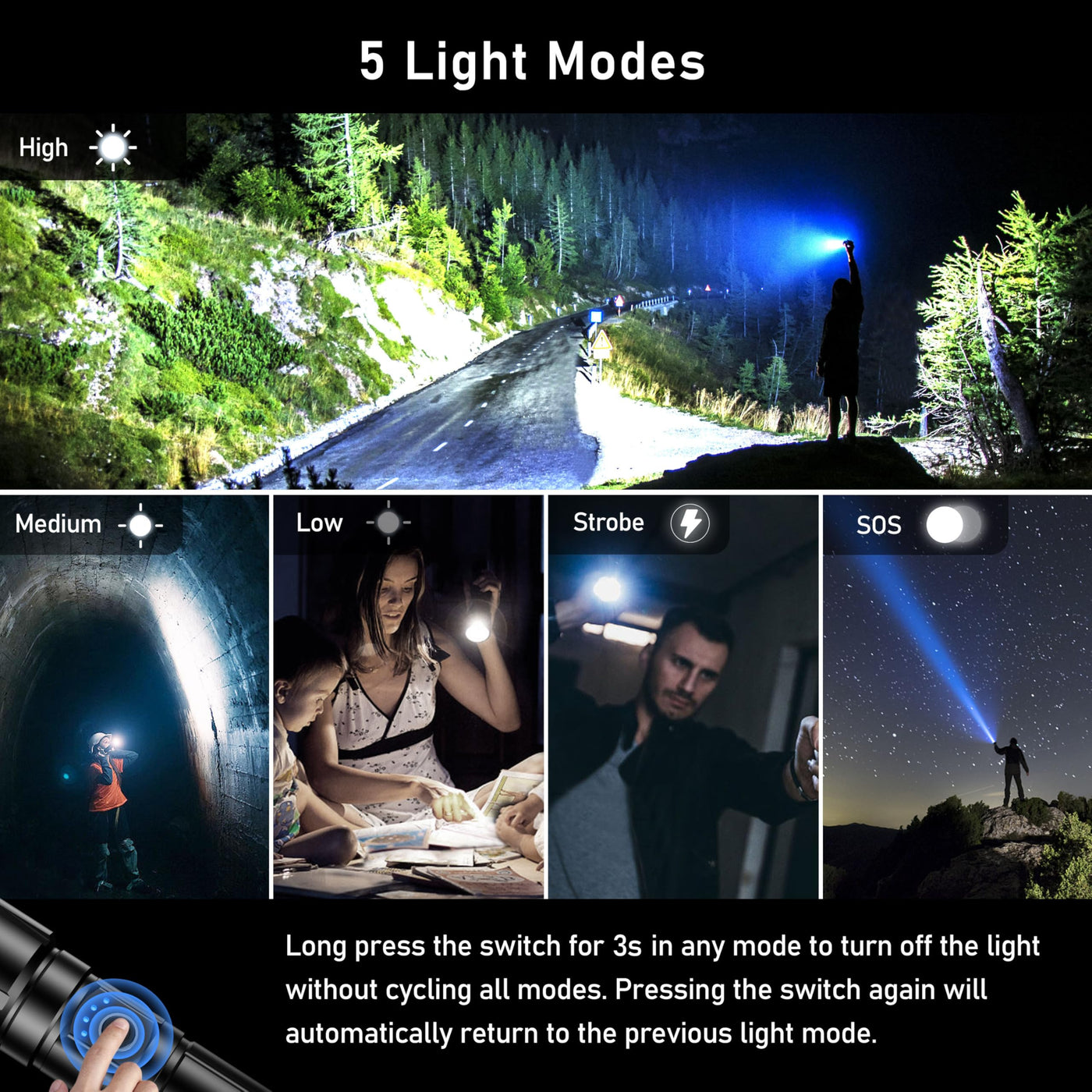 Blukar Taschenlampe LED Aufladbar, 500000 Lumen Extrem Hell Zoombare Taktische Taschenlampen Starke mit 5 Lichtmodi, IP67 Wasserdichte Flashlight Torch für Camping, Wandern, Outdoor, Angeln, Notfäll