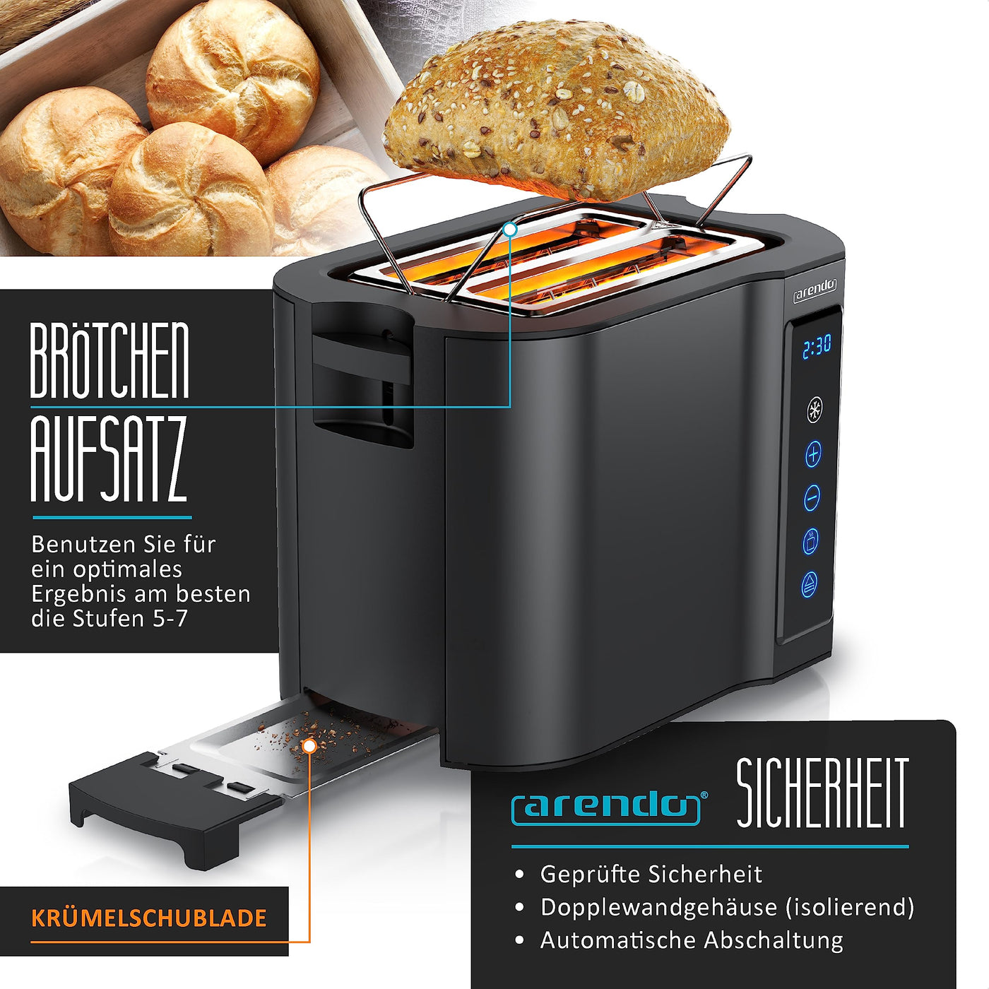 Arendo - Touch Toaster 2 Scheiben Edelstahl - Touchpanel - digital Display Restzeitanzeige - 800 W – Doppelwandgehäuse – mit Brötchenaufsatz – 7 Bräunungsgrade – Brotscheibenzentrierung - Schwarz