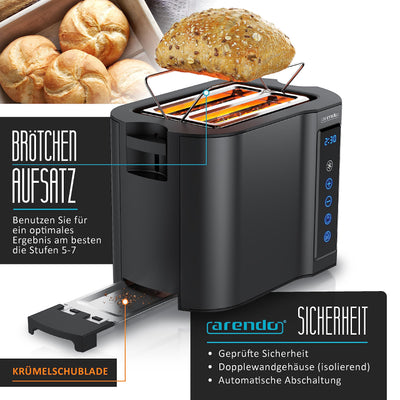 Arendo - Touch Toaster 2 Scheiben Edelstahl - Touchpanel - digital Display Restzeitanzeige - 800 W – Doppelwandgehäuse – mit Brötchenaufsatz – 7 Bräunungsgrade – Brotscheibenzentrierung - Schwarz