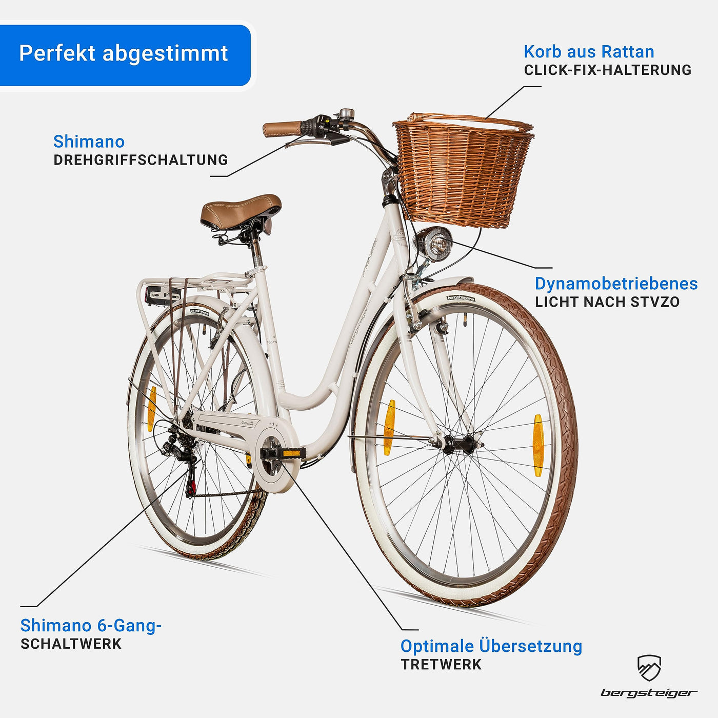 Bergsteiger Marseille 28 Zoll Damenfahrrad, ab 150 cm, Korb aus Rattan, Fahrrad-Licht, Damen-Citybike, Damenrad im Retro-Design«, 6 Gang Shimano Tourney Schaltung, Kettenschaltung