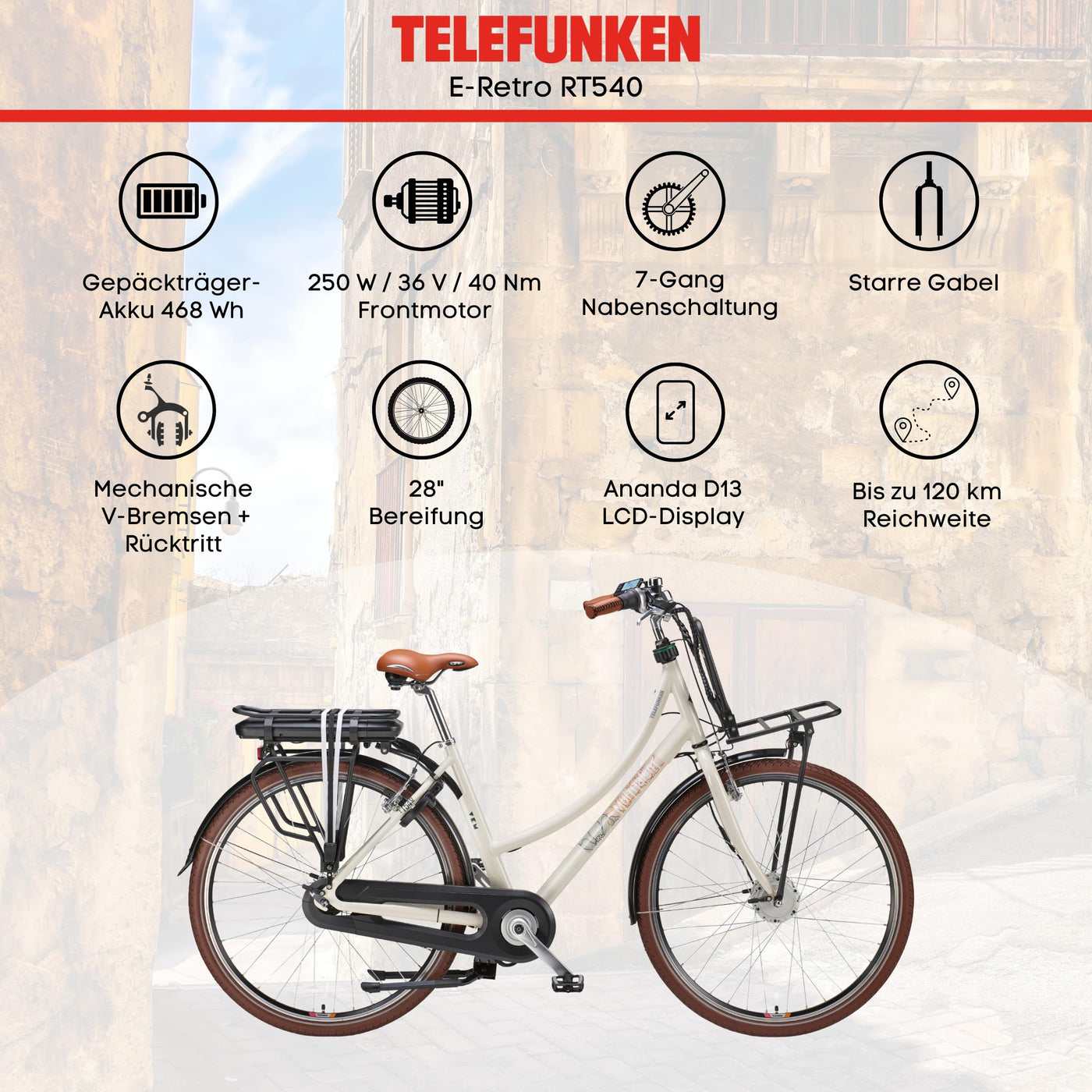 TELEFUNKEN E-Bike Elektrofahrrad 28 Zoll mit 7-Gang Nabenschaltung, Retro Pedelec Citybike mit Gepäckträger und Fahrradschloss, Frontmotor 250 W und 13 Ah, 36V Li-Ion Akku, RT540 Multitalent