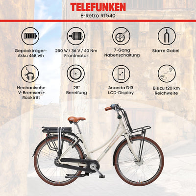 TELEFUNKEN E-Bike Elektrofahrrad 28 Zoll mit 7-Gang Nabenschaltung, Retro Pedelec Citybike mit Gepäckträger und Fahrradschloss, Frontmotor 250 W und 13 Ah, 36V Li-Ion Akku, RT540 Multitalent