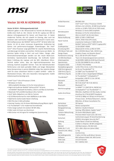 MSI Vector 16 HX AI Gaming-Laptop, 16" QHD+ 240 Hz Display, Intel® Core™ Ultra 7 255HX, NVIDIA GeForce RTX 5070 Ti, 16 GB RAM, 1 TB SSD, Windows 11 Home, QWERTZ Tastatur, Cosmos Grau, A2XWHG-264