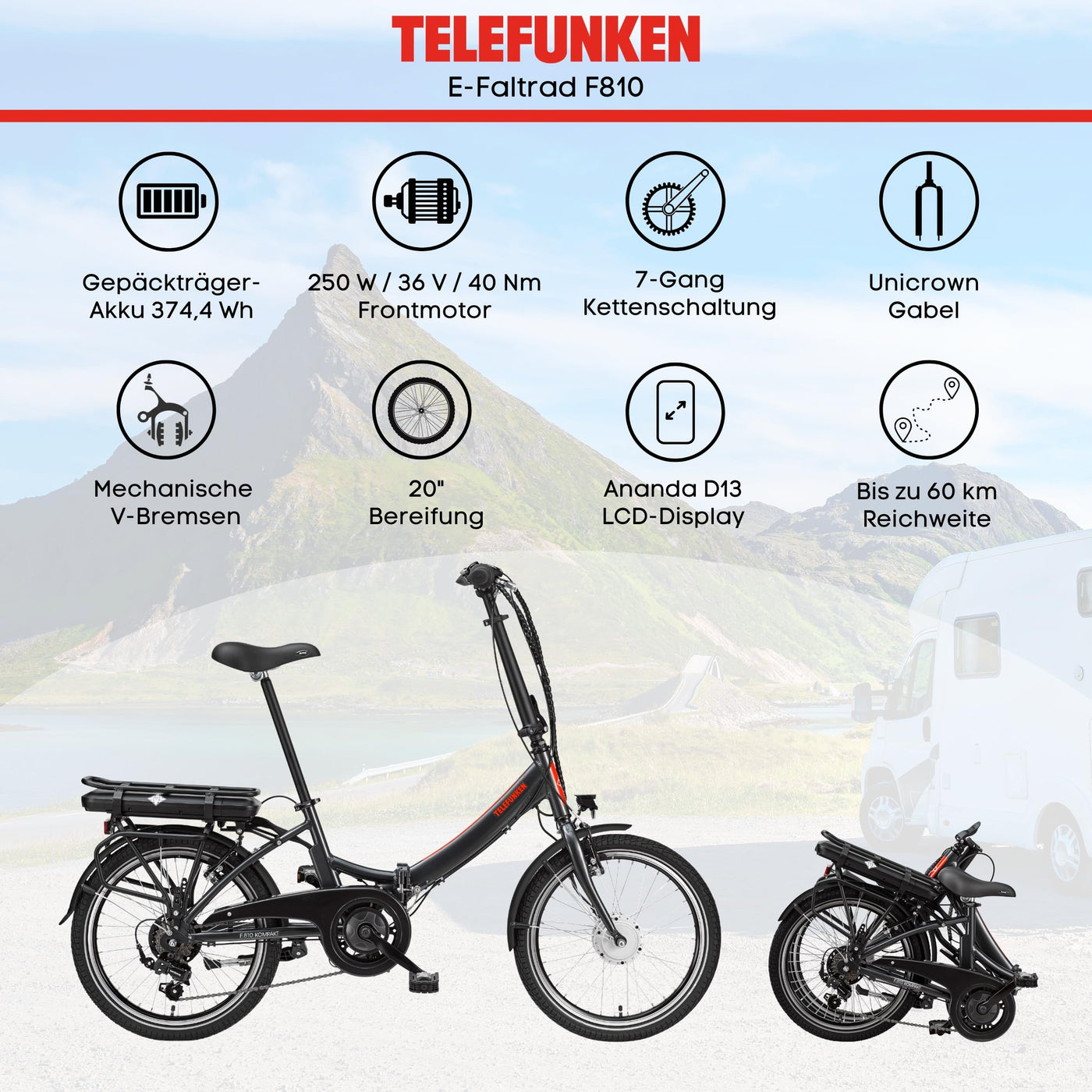 TELEFUNKEN E-Bike Klapprad Elektrofahrrad Alu, 7 Gang Kettenschaltung - Pedelec Faltrad Leicht, 250 W und 10,4 Ah / 36 V Lithium-Ionen-Akku, LCD-Display, 20 Zoll, Kompakt F810
