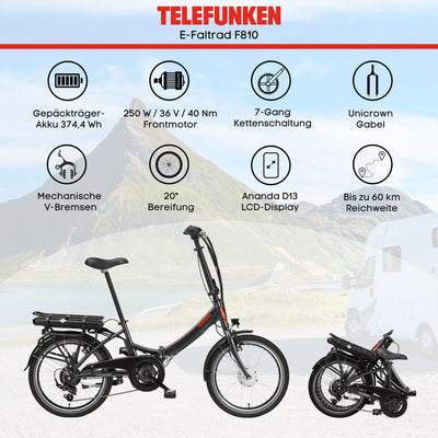 TELEFUNKEN E-Bike Klapprad Elektrofahrrad Alu, 7 Gang Kettenschaltung - Pedelec Faltrad Leicht, 250 W und 10,4 Ah / 36 V Lithium-Ionen-Akku, LCD-Display, 20 Zoll, Kompakt F810