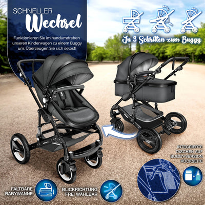 KIDUKU® 3 in 1 Kinderwagen Komplettset | Kombikinderwagen Set inkl. Babywanne & Buggy Sportsitz & Auto-Babyschale Fußsack | Vollgummireifen Wickeltasche Handwärmer Regenschutz Kindertisch ECE R129