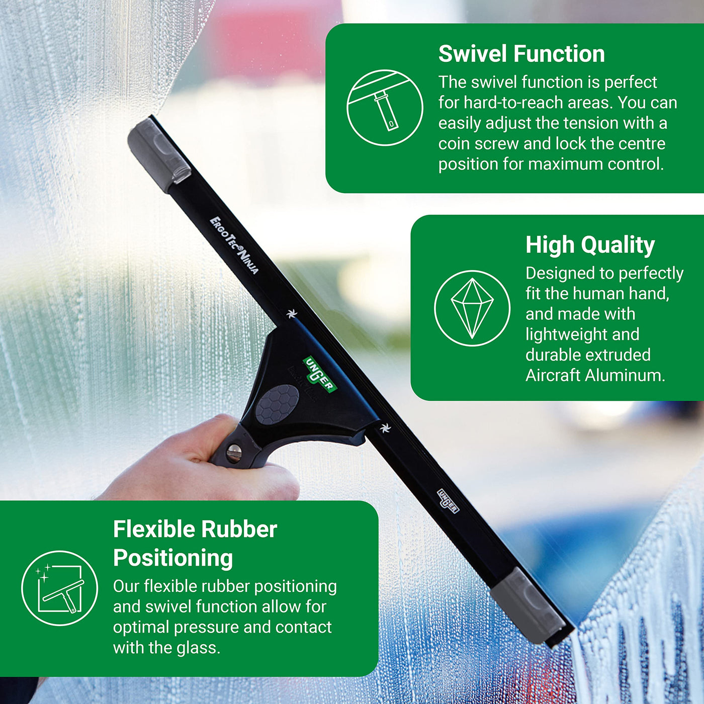 UNGER ErgoTec Ninja Fensterwischer 40° (Breite 45 cm, ergonomischer Griff, mit Soft-Gummi, Zwei Gummi Positionen, Fensterabzieher mit Schwenkfunktion) EN450