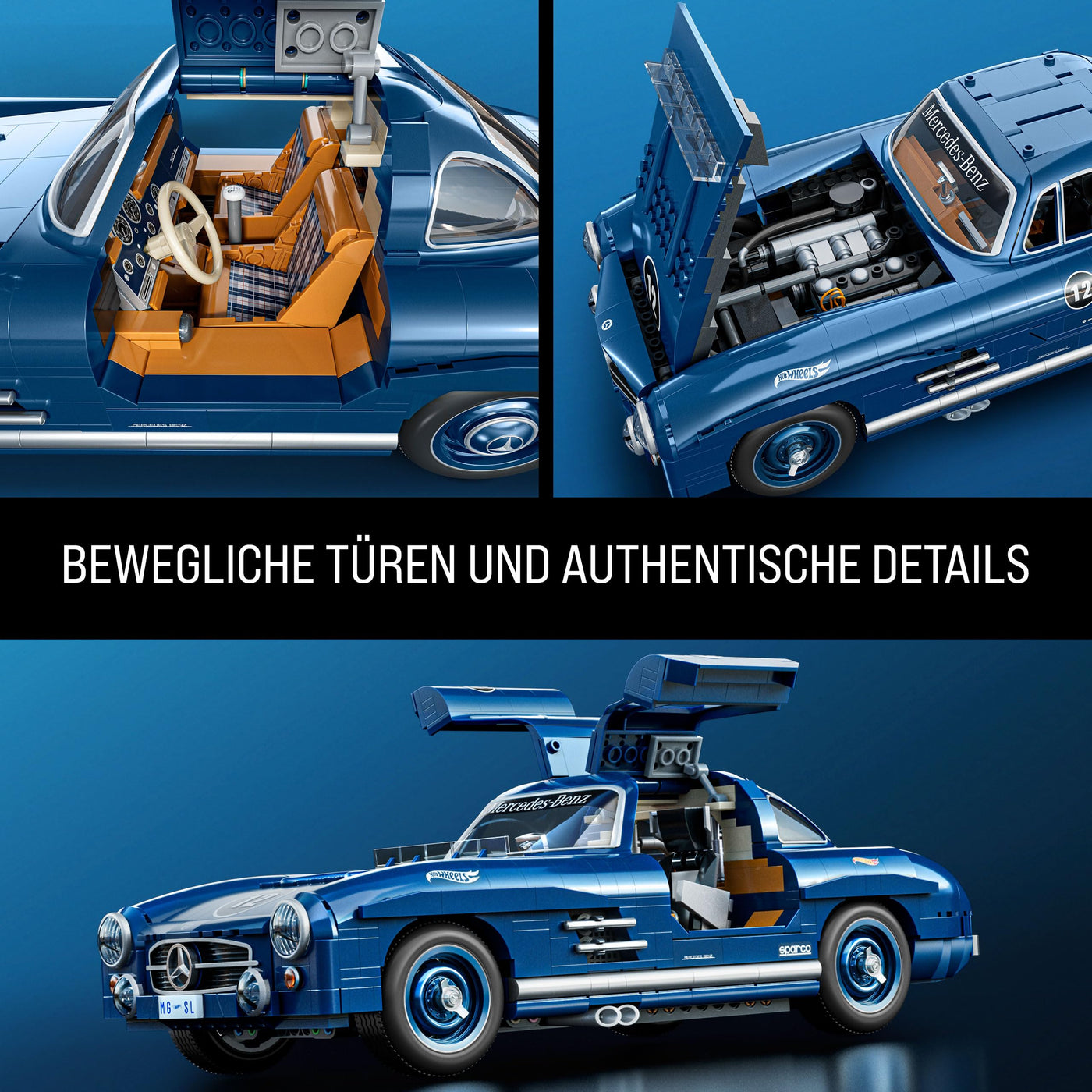 Mattel Brick Shop Hot Wheels Premium Serie Bauset, Mercedes-Benz 300 SL mit 1600 Teilen, realistischen Details und Metallteilen, für Sammler, HWW25, [Mehrfarbig]