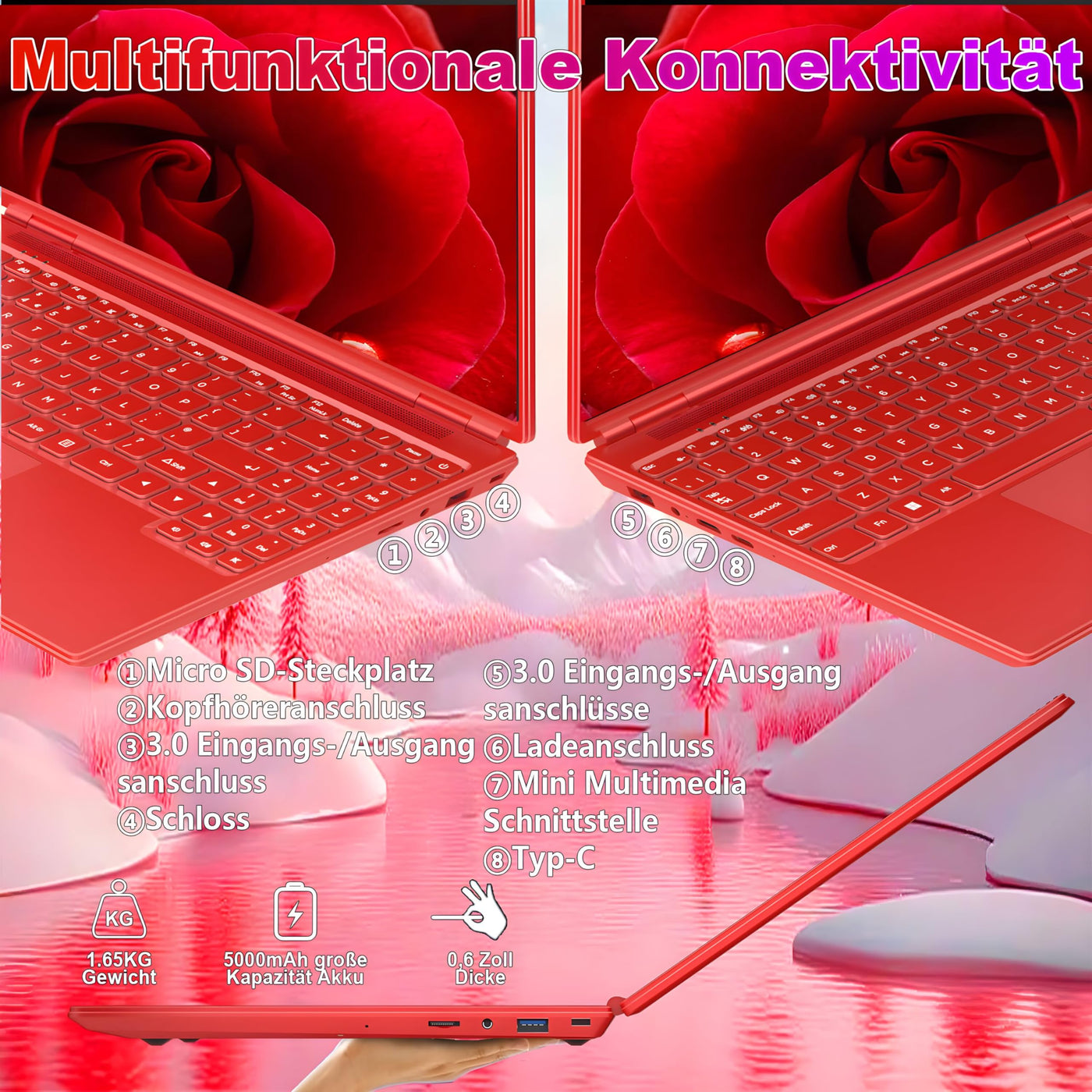 2025 Gaming Laptop 16 Zoll Win11 12+512GB SSD Unterstützung 2TB(HDD-2TB) 1920x1200 Notebook 4-Core Celeron N5095 (bis 2.9GHz) Laptop mit Nummerntastatur WiFi Mini HDMI Deutscher Tastaturschutz-Rot